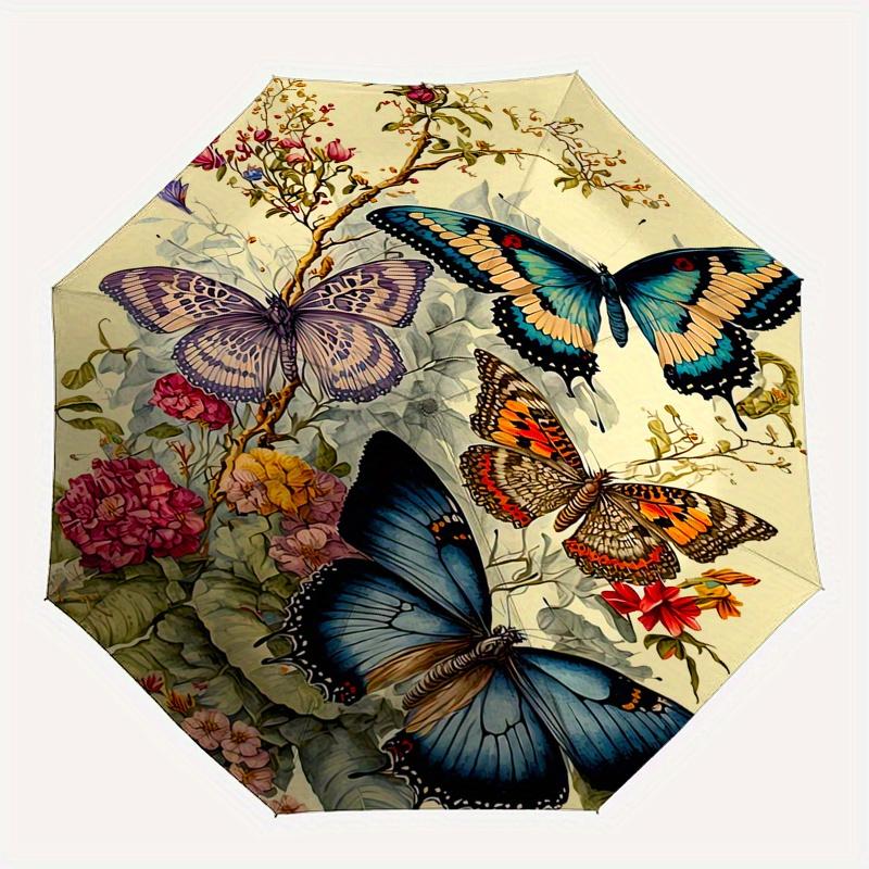 Butterflies, Flowers Theme Automatic Open/Close Umbrella, Portable 3 Fold Compact Umbrella for Men & Women, Valentine's Day Mother's Day Gift0725047