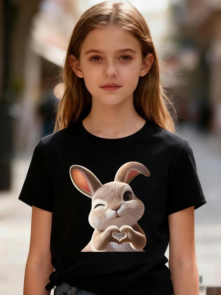 Girls Cute Winking Rabbit Heart Hands Graphic T Shirt Cartoon Bunny Making Heart Gesture Print Short Sleeve Kids Casual Summer T