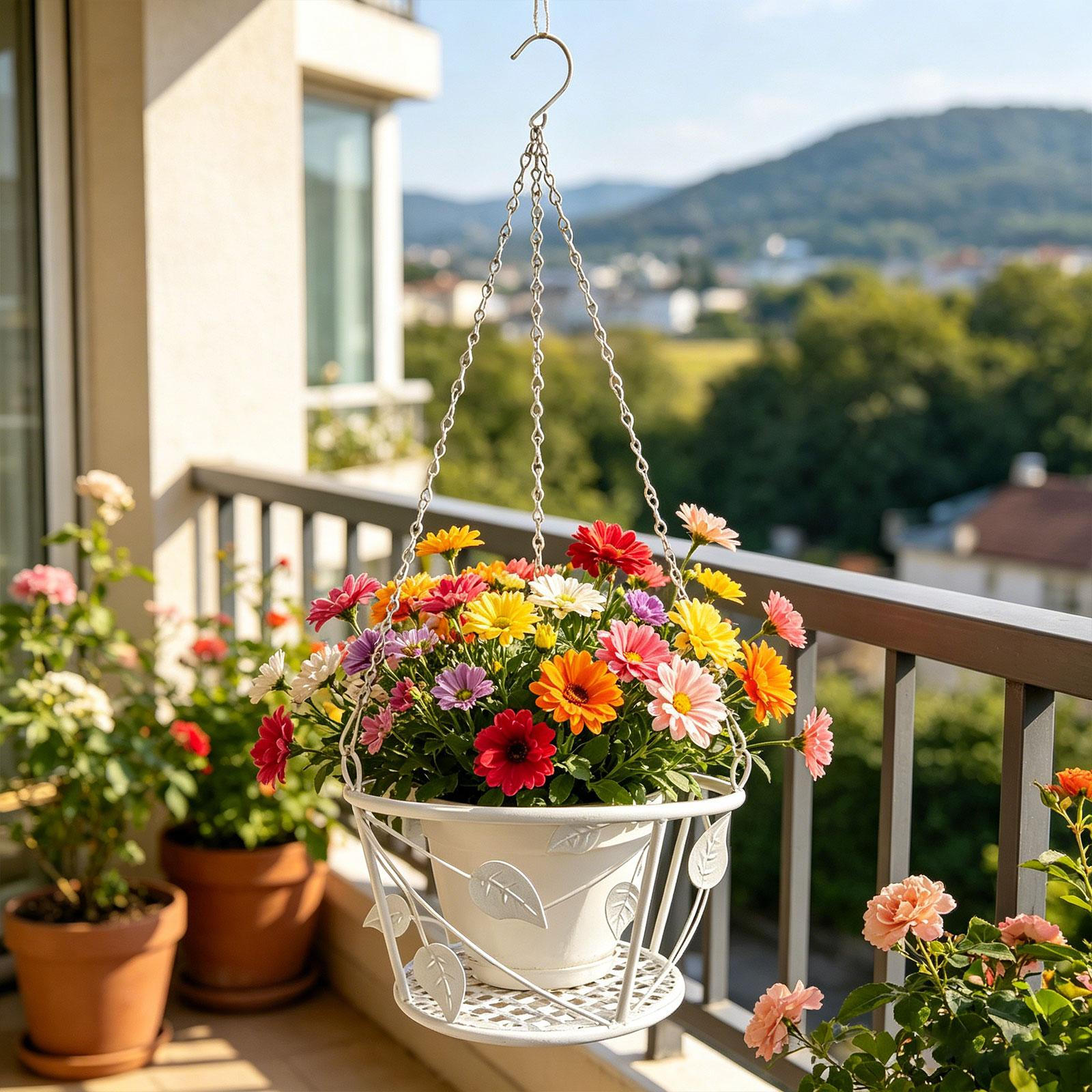 

Hanging Basket Planter Flower Pot Iron Shelf with Decorative Chain for Garden белый
