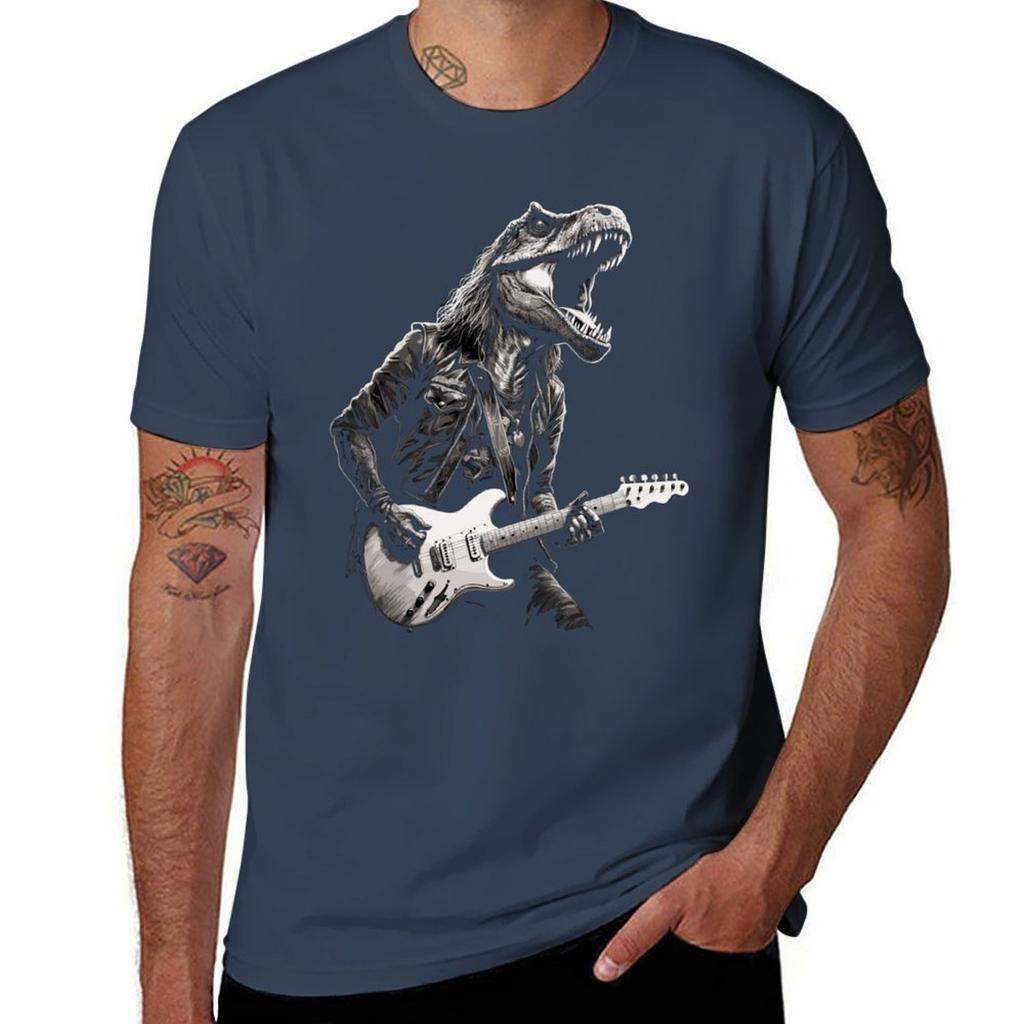 Rock & Roll Music Concert Festival Dinosaur T-rex Guitar T-Shirt cotton tshirt 100% t shirt for man 100 percent cotton T-Shirt