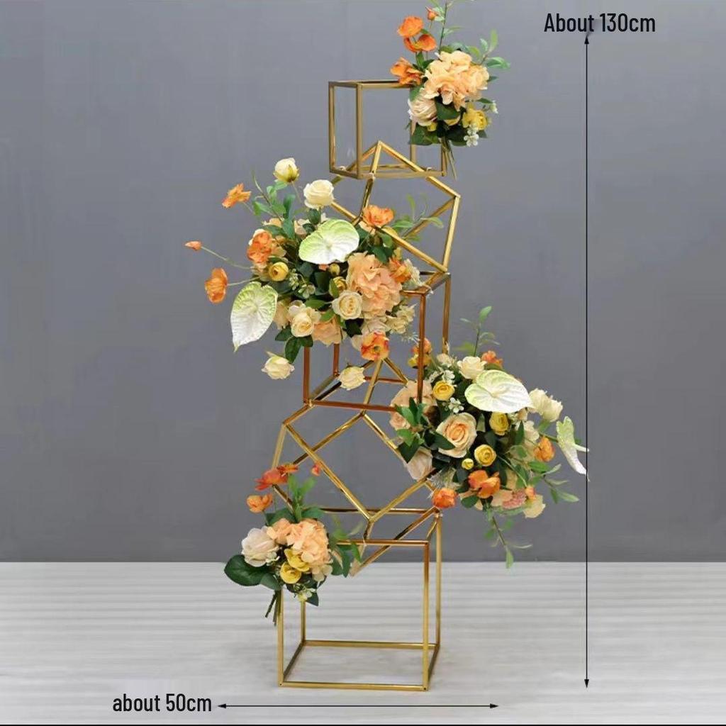 Geometric Gold Flower Wedding Aisle Runner & Artificial Flowers Display