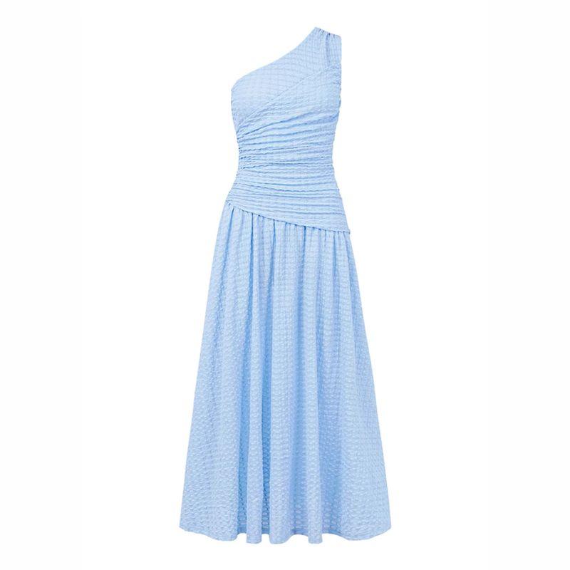 

One Shoulder Dress European and American Summer Women s Long Dress Fashion High Sense Sleeveless One Shoulder Slim dress Light Blue S