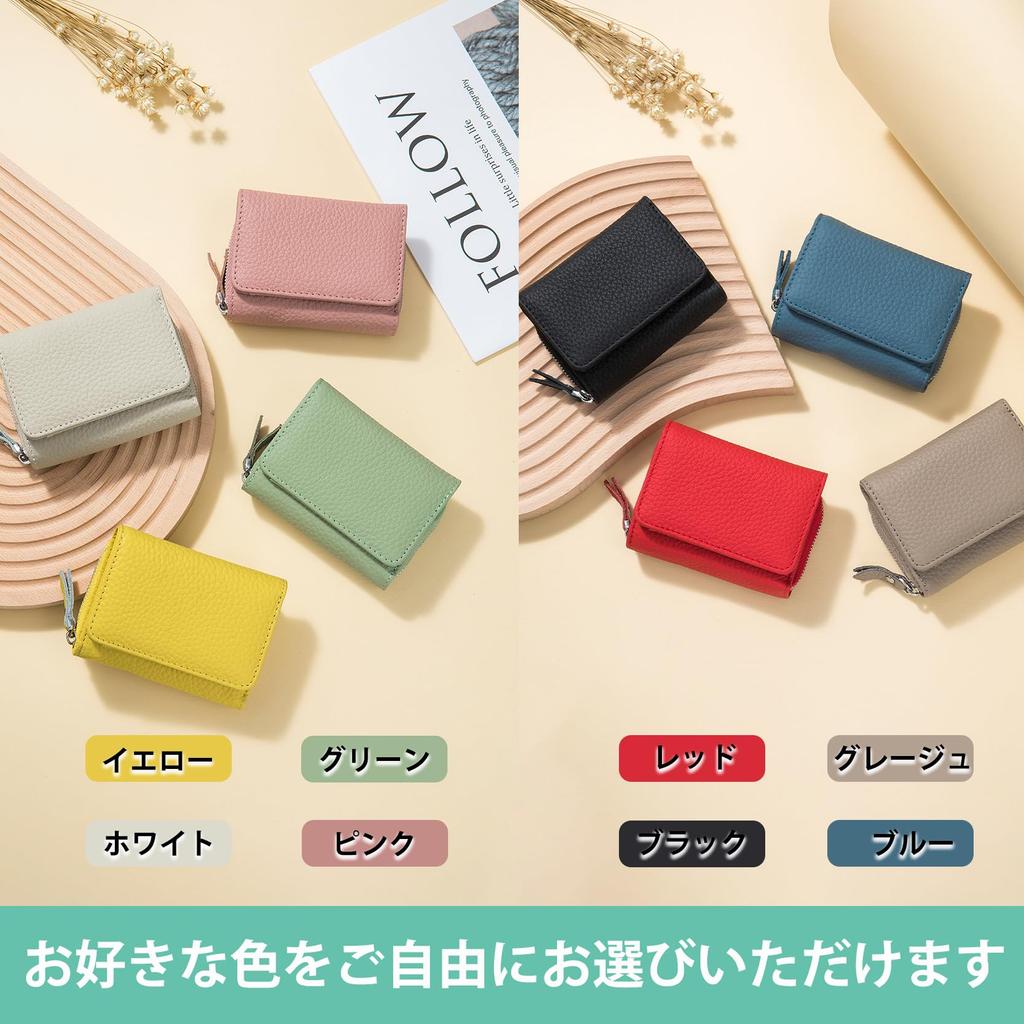 Bearneko Women's Mini Wallet, Compact Tri-fold Wallet, Genuine Leather, Anti-Skimming, Coin Purse, Holds 6 Cards, Large Capacity, Unisex (Grey Beige)