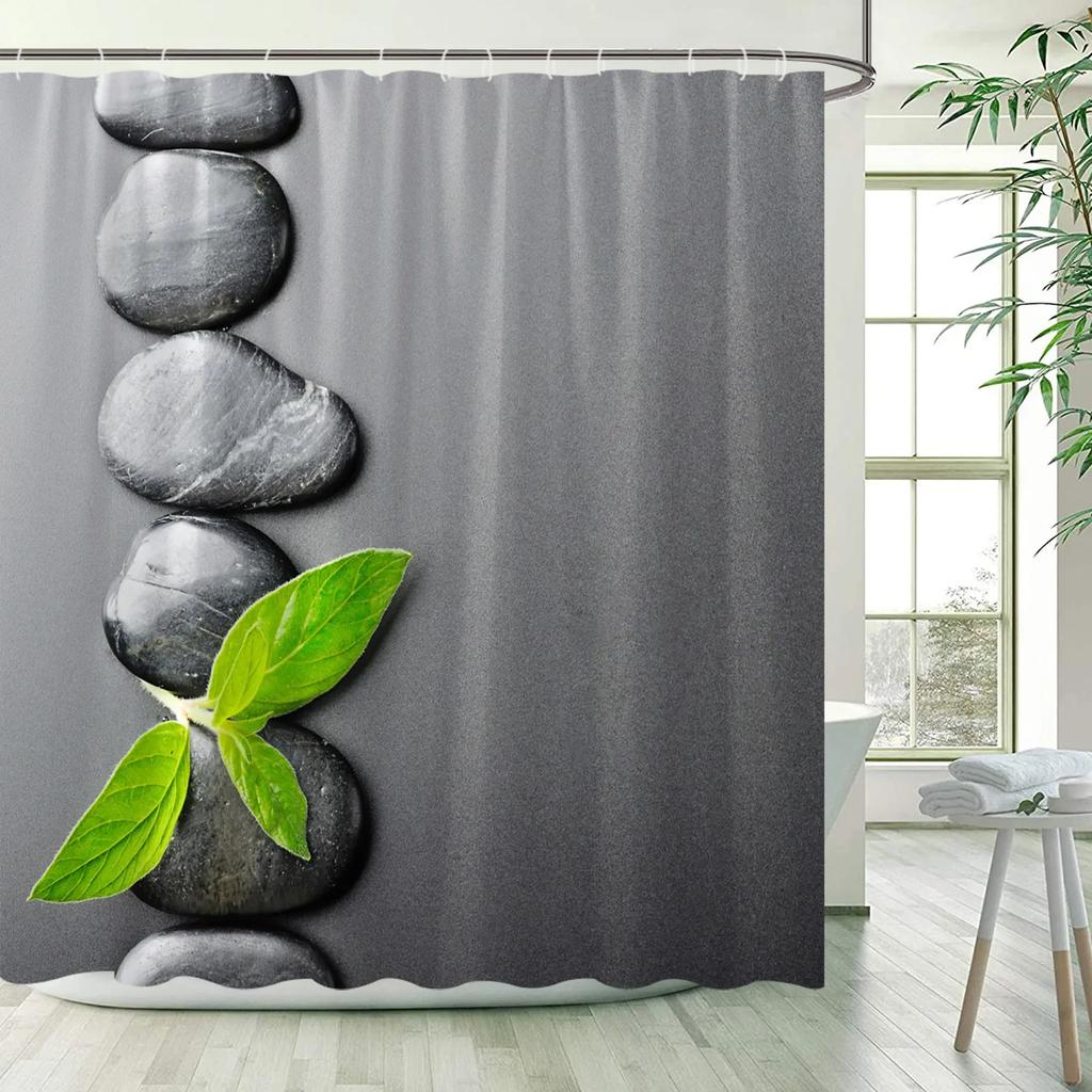 Green Bamboo Zen Shower Curtains Set, Spa Stones and Orchids Flowers Polyester Fabric Bath Curtain with Hooks Bathroom Decor