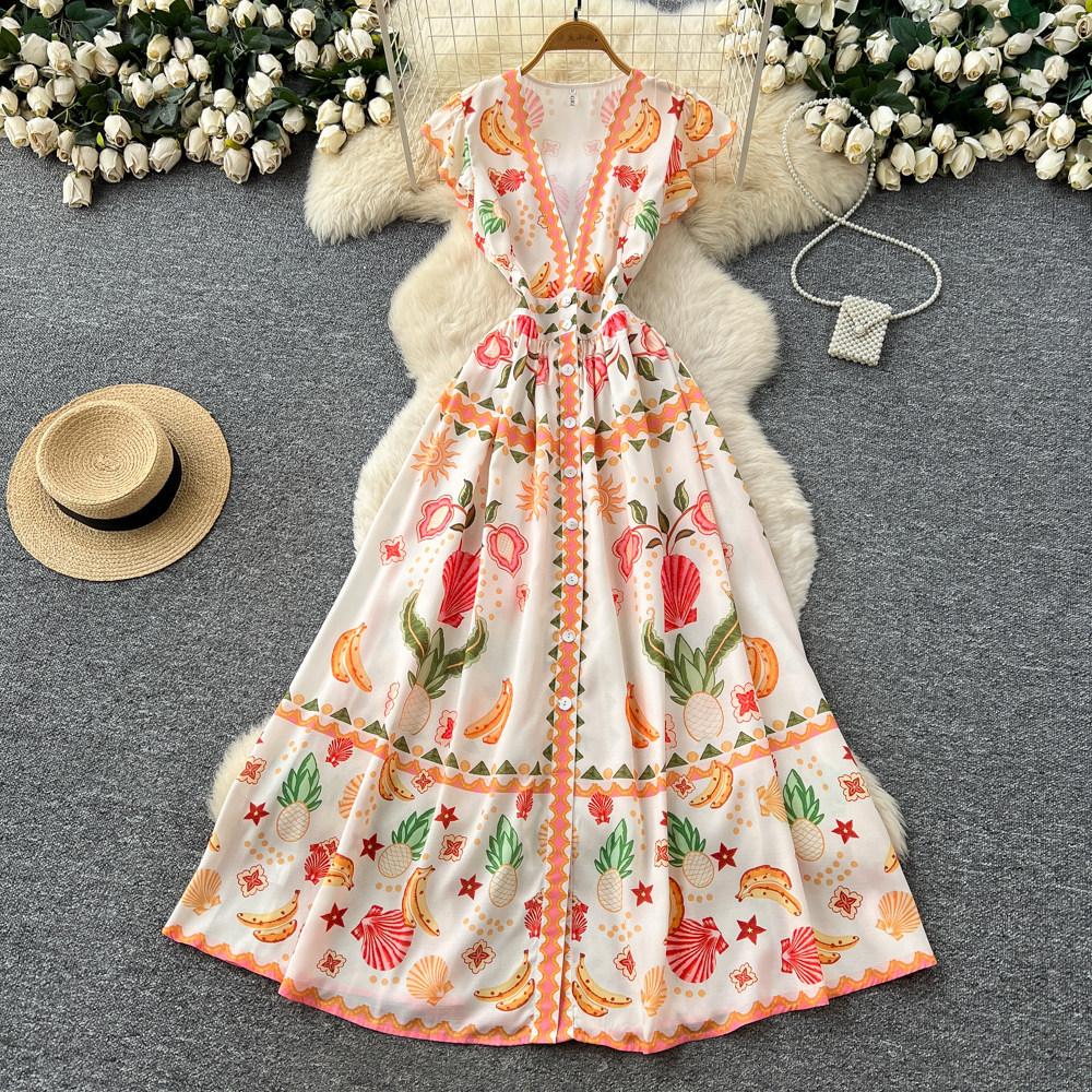 French holiday style V-neck printed small flying sleeve dress women's spring and summer waist A-shaped long dress temperament commuter skirt