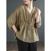 Cotton and Linen V-neck Waist Five-point Pullover Shirt Women's Loose and Thin Versatile Cotton and Linen Top Trendy