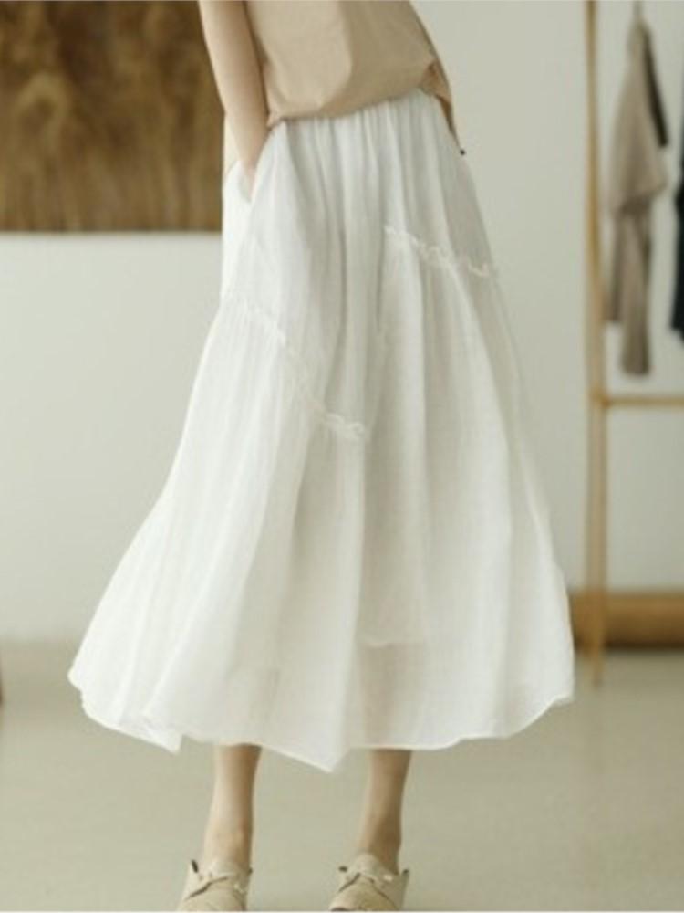 Johnature Women Patchwork Vintage Skirts Elastic Waist Solid Color High Quality Cloths Soft Women A-Line Skirts
