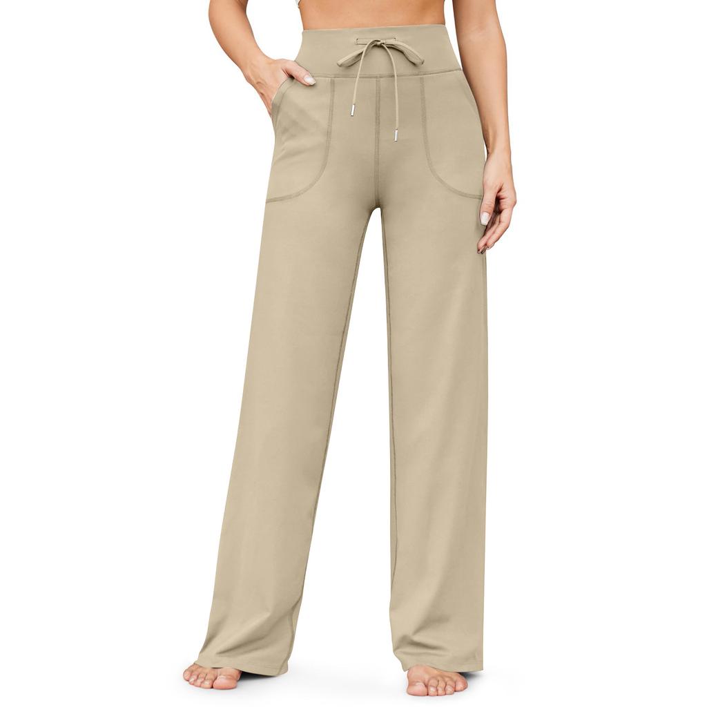 Women's High Waist Drawstring Pocket Flared Yoga Pants Solid Color Loose Wide Leg Sports Long Trousers
