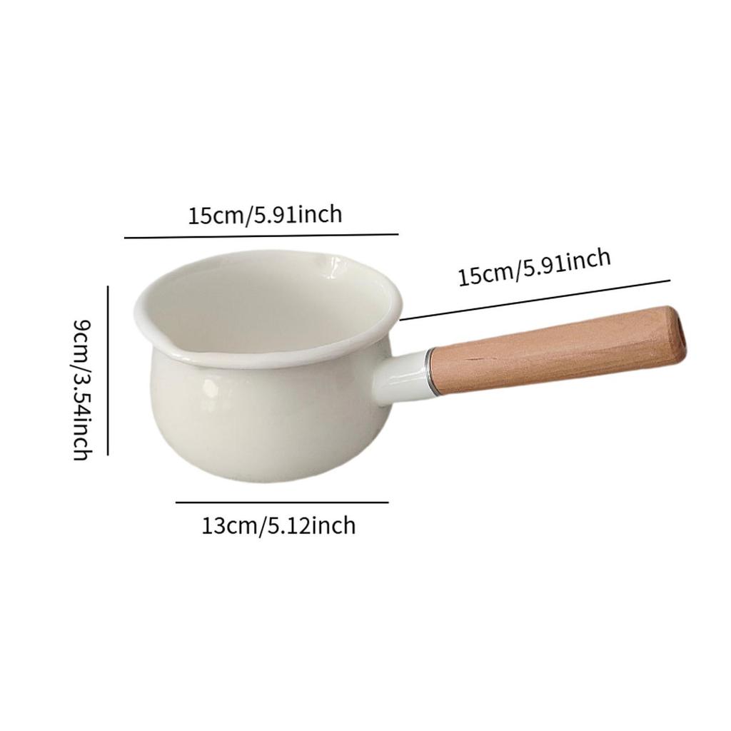 Small Enamel Milk Pot Porridge Cooking Pot with Wooden Handle Butter Warmer for Cooking Stove Top Home Camping RV Travel