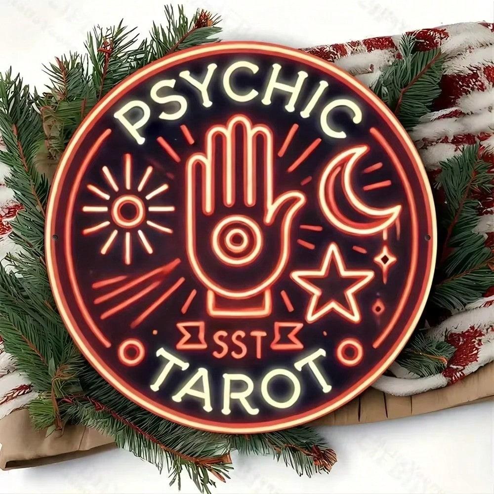 Captivating Psychic Tarot Neon Round Metal Wall Art Durable Aluminum Home Decor Gift LR Bar Outdoor