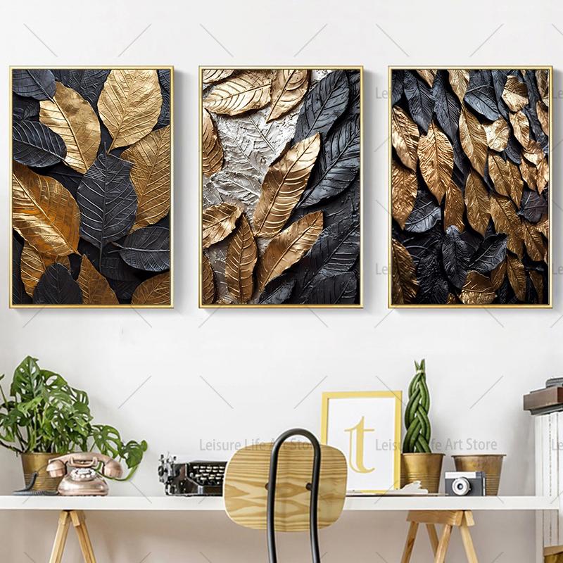 Modern Golden and Black Leaf Canvas Painting Wall Art Gold Leaves Wall Decor Prints Textured Paintings for Living Room No Frame