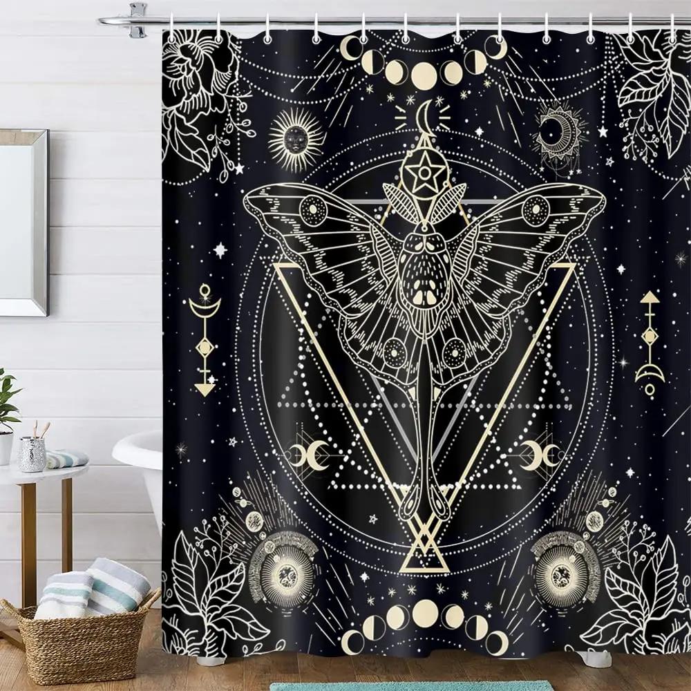 Złoty Ćma Faza Księżyca Zasłona Prysznicowa Gotycka Czarna Motyl Księżycowa Zasłona Kąpielowa Psychodeliczna Tarot Zasłony Kąpielowe Zestawy Łazienkowe