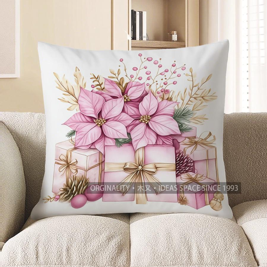 Home Decor Pink Poinsettias & Candles Decorative Pillow Pattern Cushion Cover Suitable For Sofa Bedroom Car Pillow Cover