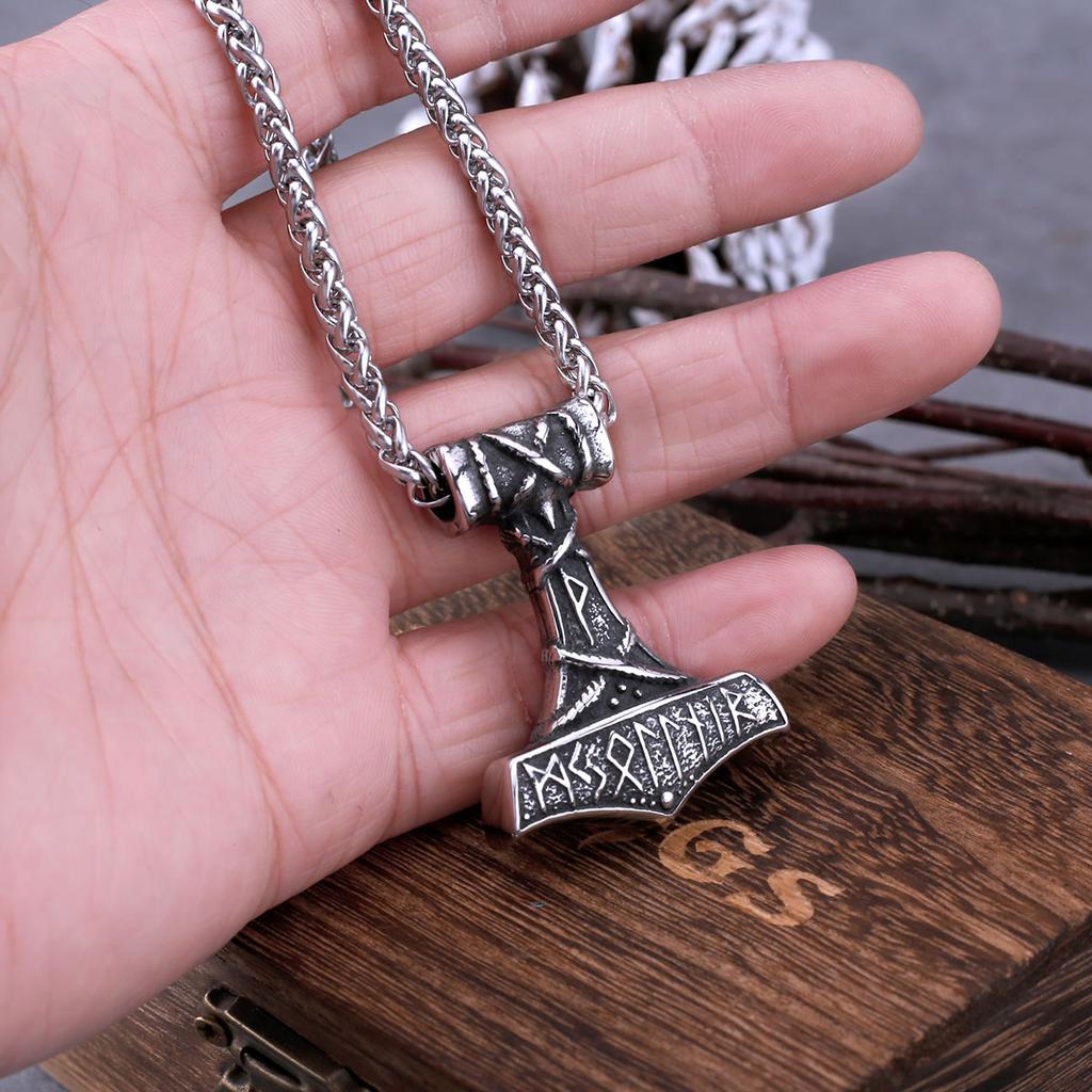 Vintage Nordic Vikings Anchor Odin Rune Necklace Stainless Steel Mjolnir Pendant Punk Jewelry Gift for Men