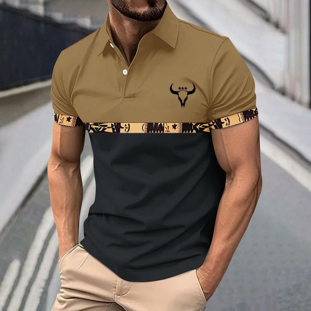 Men's Western Bull Print Shirts Color Block Collared Short Sleeve Shirt Casual Summer Tops For Golf & Daily Wear