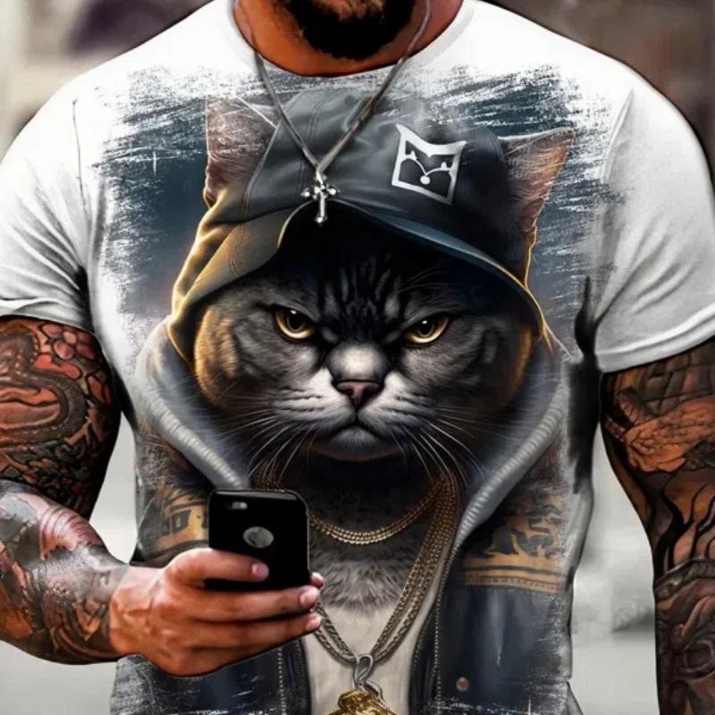 Male Trend Cat Element T Shirt For Men Daily Outdoor Fashion Regular Fit O-neck Short Sleeve Comfortable Material Clothing To