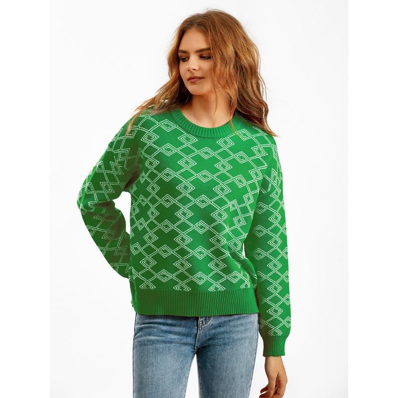 Suéter feminino de manga comprida jacquard para outono e inverno, gola redonda solta e versátil