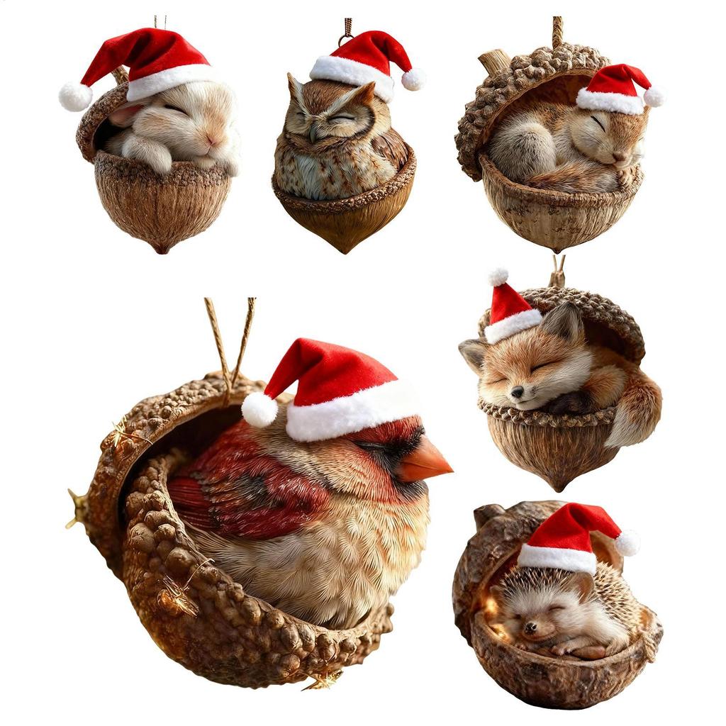 Schattige Dierentjes in Eikel Kersthangers Kerstdecoraties 2D Acryl Kerstdier Hangertjes Vosjes/konijntjes/uil/vogel/eekhoorn/egel