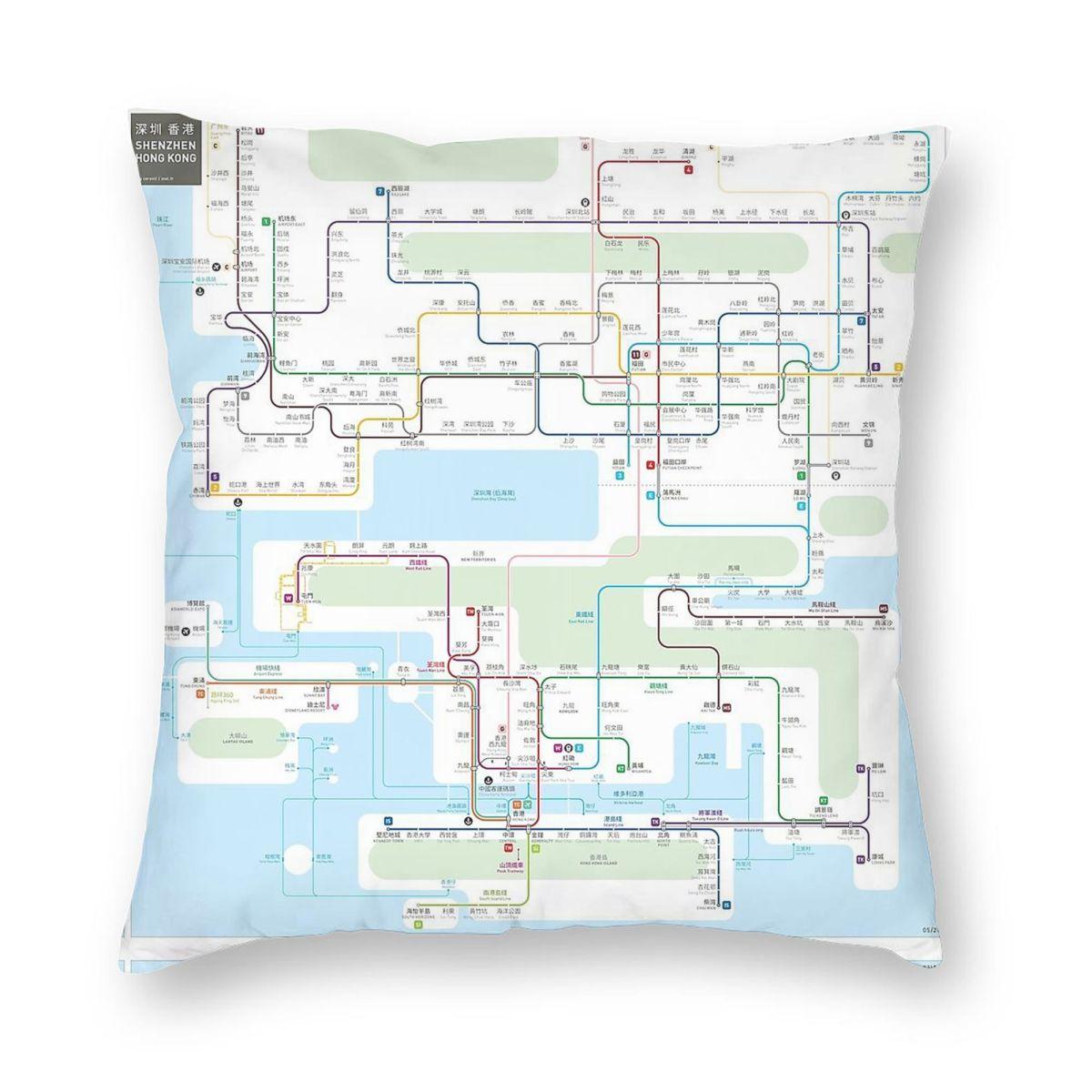 Hong Kong Shenzhen Metro Map Square Pillowcase Polyester Linen Velvet Printed Zip Decor Sofa Cushion Case 30x30cm