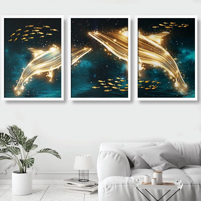 Set Of 3 Blue Abstract Ocean Gold Whale And Fish Luxury Living Room Aisle Home Decoration Wall Art Print Picture Canvas Poster Painting