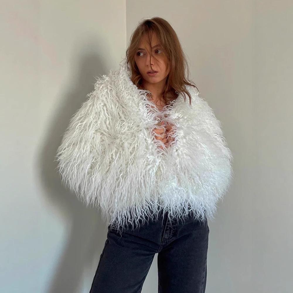 

Женское пальто из искусственного меха в европейском и американском стиле - Осень/Зима, дизайн с лацканами под мех тануки L