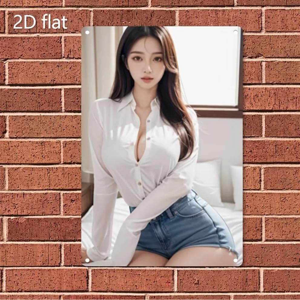 

HD Metal Tin Sign Stunning Asian Beauty in White Button Up Shirt Denim Shorts Retro Wall Art D Flat Iron Painting Plaque for 20x30cm（7.8x11.8inch）