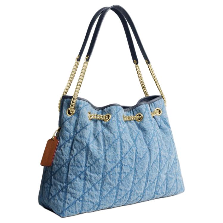 Coach Denim Quilted Drawstring Shoulder Bag with Chain Strap for Daily Use