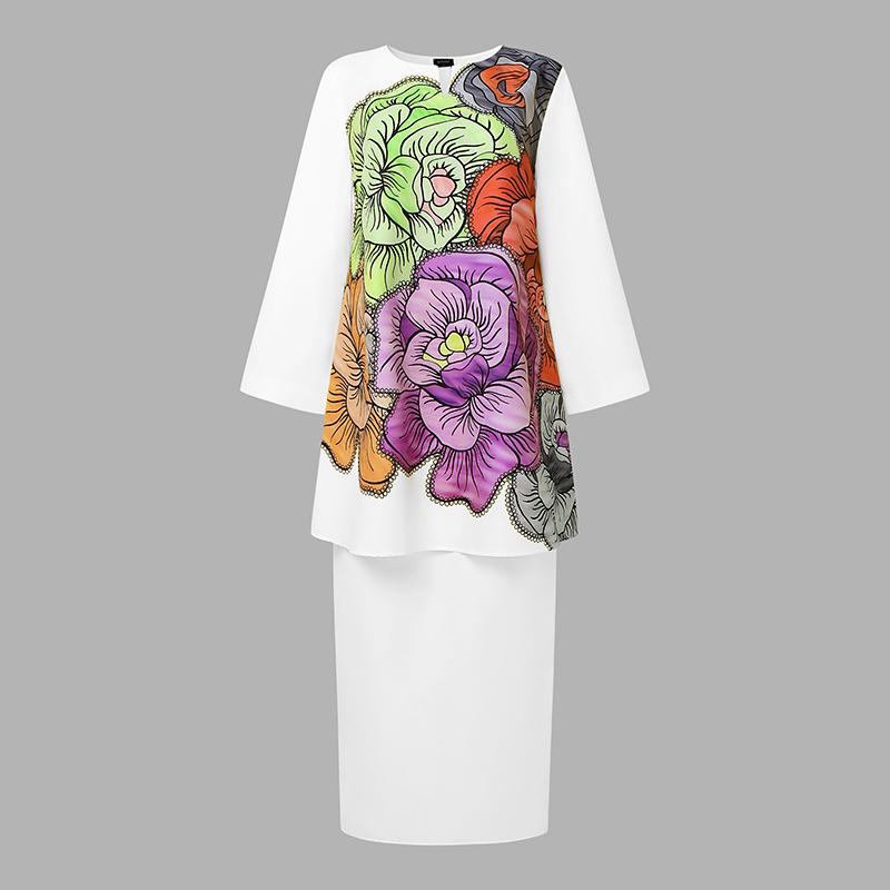 Oversized Two Picecs Women Long Sleeve Print Tunic Tops and Straight Pants Sets