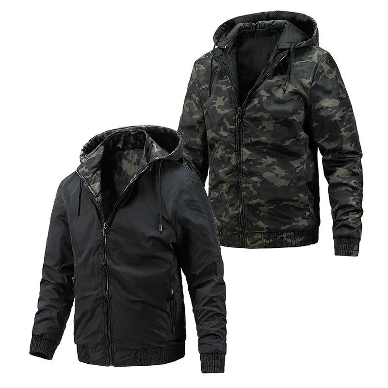 Men's Spring and Autumn Solid Color Camouflage Reversible Men's Jacket Sports Casual Windproof Riding Hooded Jacket