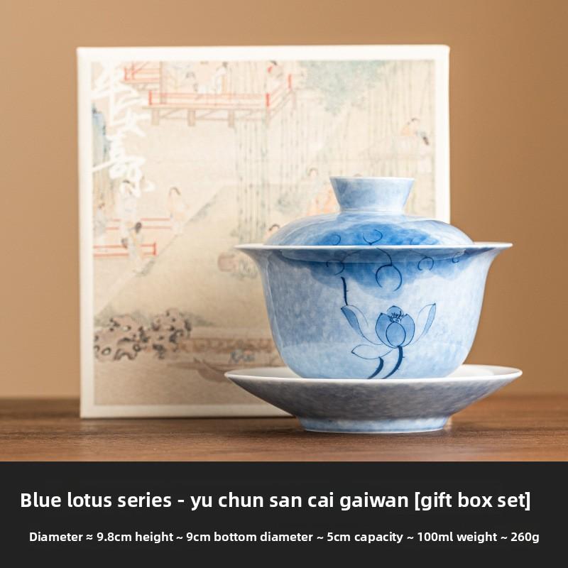 Hand-Painted Blue Lotus Gaiwan Aesthetic Anti Scalding Tea Tureen Household Making Cover Bowl Services Ornaments