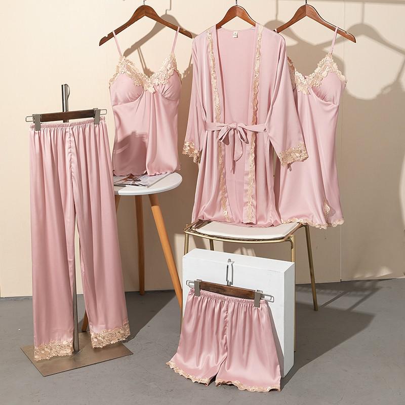 Sexy Rayon Silk 5PCS Pajamas Set Female Sleepwear Print Flower Bathrobe Nightgown Lady Relaxed Fit Casual Pijamas Suit Home Clothes