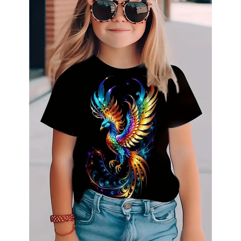 Children's and girls' clothing 3D printed, fashionable and cute animal round neck T-shirt, girls' summer fashion short sleeved top, girls' T-shirt