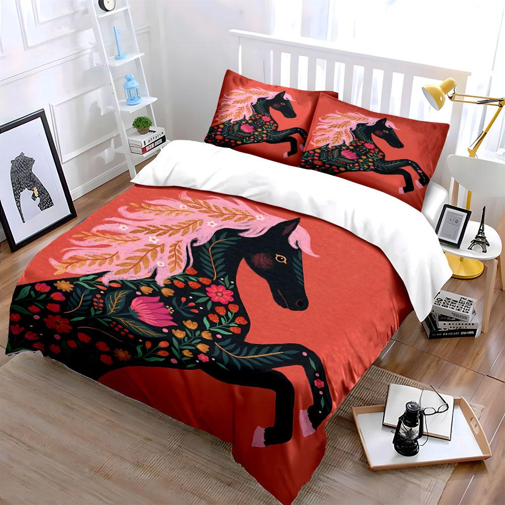 Black horse, floral accents. Bedding sets Duvet cover sets Duvet covers Pillowcases(1* Duvet Cover 2* Pillowcases without duvet insert)