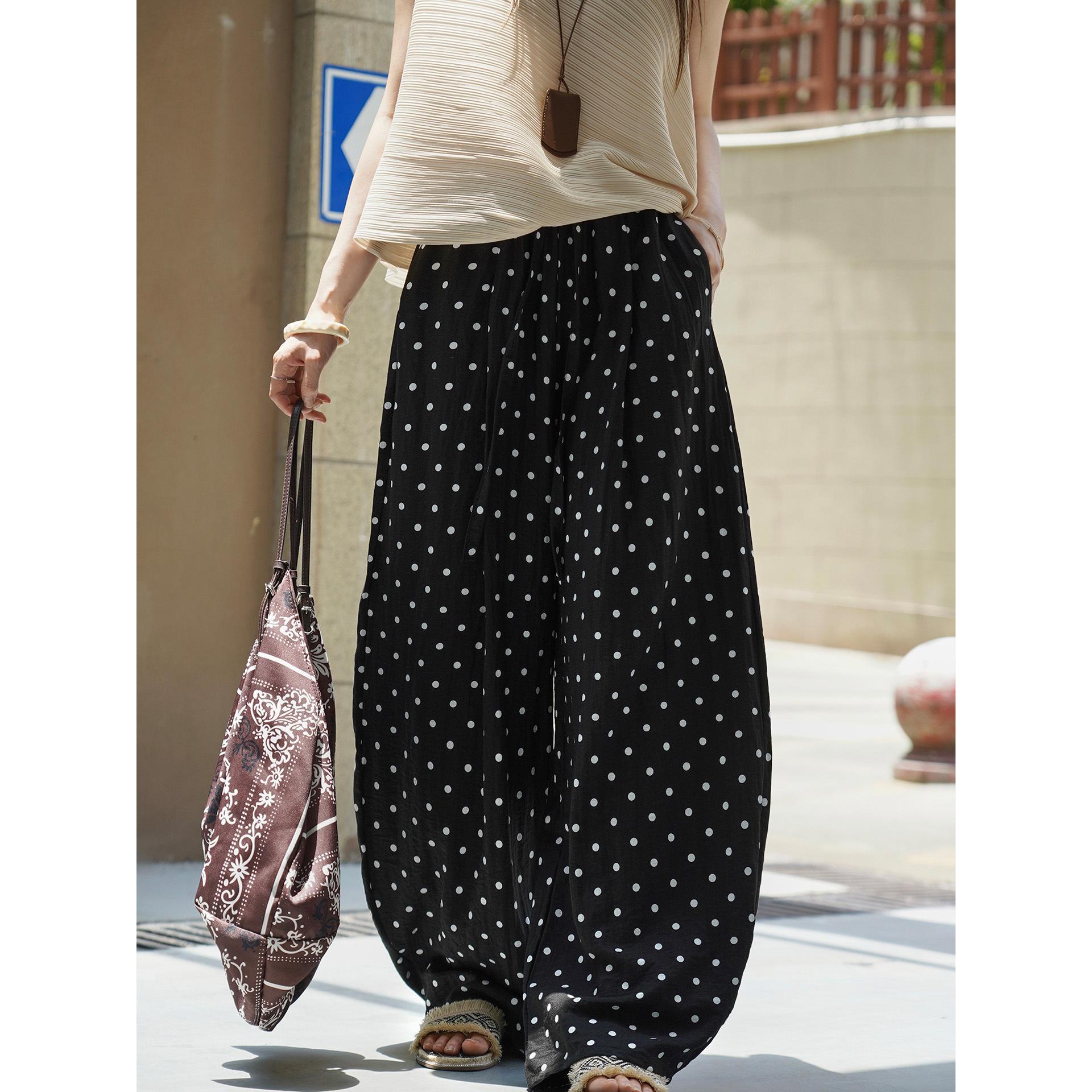 Johnature Summer Japanese Retro Polka Dot Wide-leg Casual Women Pants Casual Comfortable Loose High-waisted Trousers S чёрный