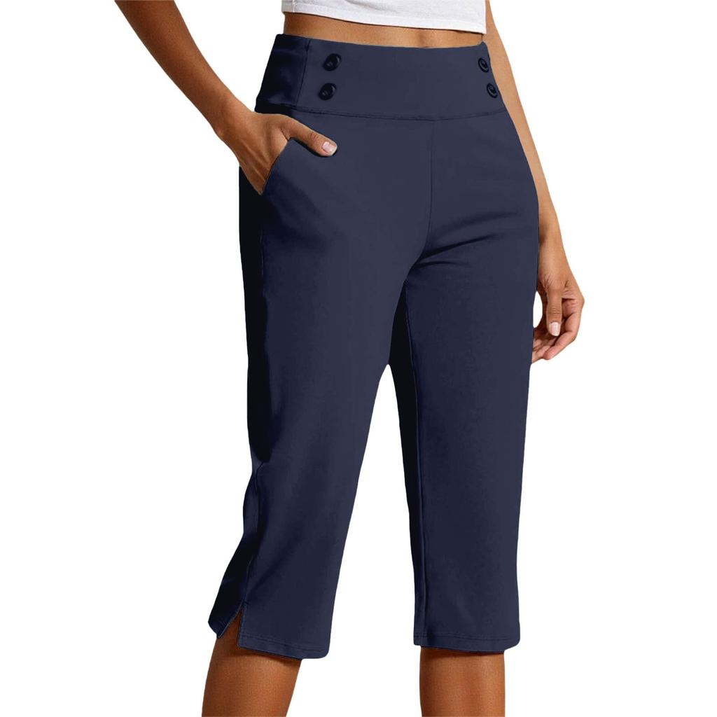 Women High Waist Capri Pants with Pockets Split Hem Casual Sport Fitness Yoga Cropped Pants for Activewear