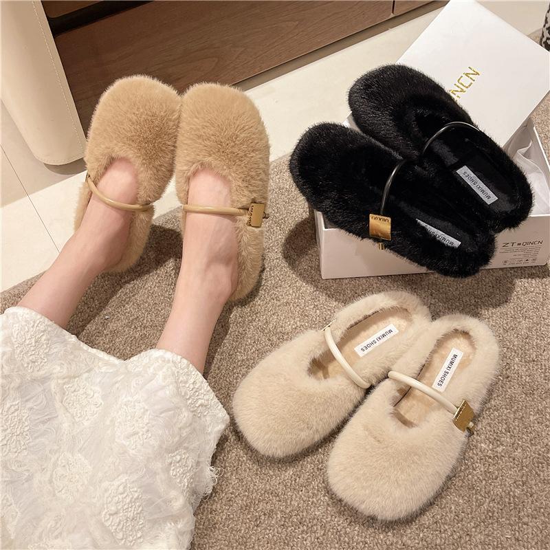 Retro Simple Fluffy Shoes for Women 2025 Winter Wear Flat-bottomed One-pedal Beanie Shoes for Women, Velvet Versatile Cotton Slippers for Women
