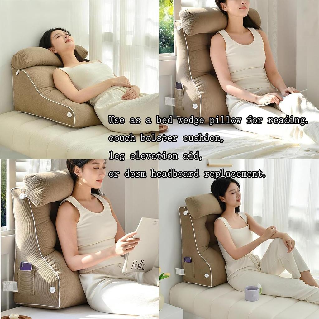 Lesekissen-Set zum Sitzen im Bett Keilkissen mit Nackenkissen & Tasche für Rückenunterstützung Schlafbein Abnehmbarer waschbarer Bezug für Erwachsene Bett