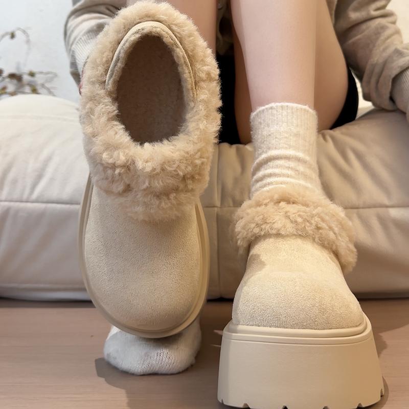 

Winter Vintage Platform Flats Women Fur Lining Snow Boots Concise Shallow Slip On Shoes Ladies Comfort Warm Cotton Short Booties 35 бежевий