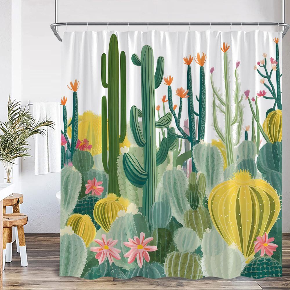 Cactus Cartoon Shower Curtain Desert Green Plant Watercolor Boho Vintage Bathtub Curtain with Hook Home Decorations for Bathro