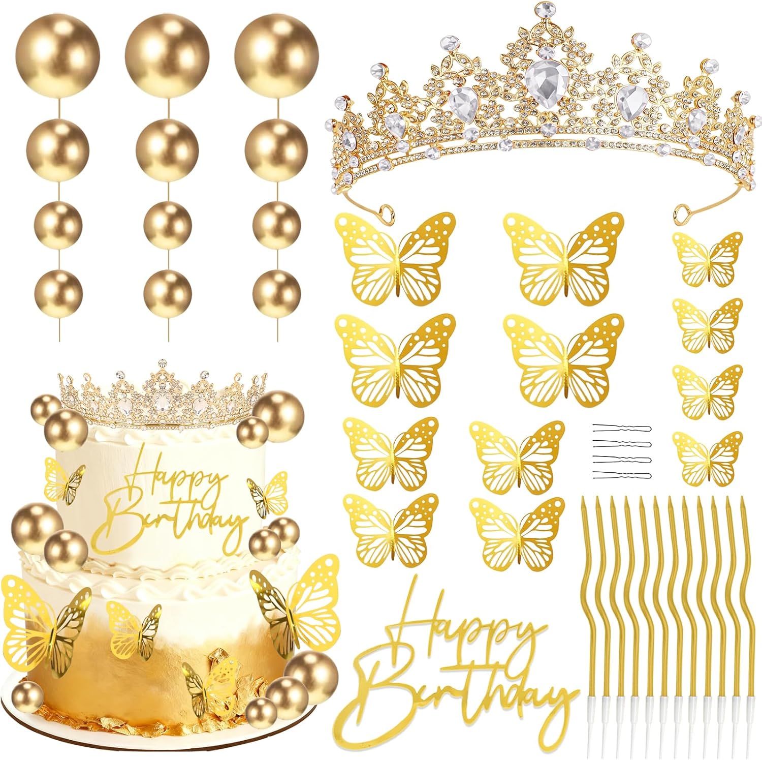 Crown Cake Topper, Corona Para Pastel Candles Balls Butterflies Cake Decorations for Princess Women Queen Girls Party Wedding