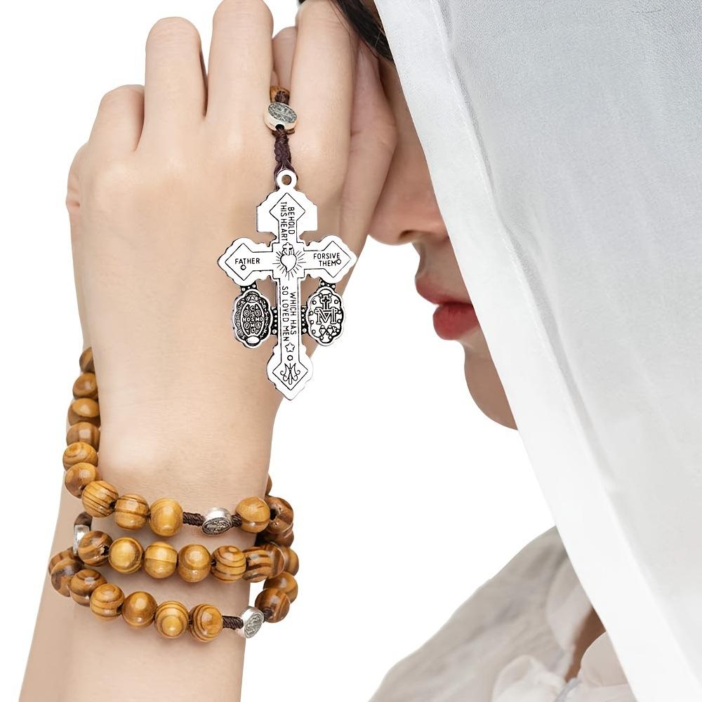 10MM Wood Beads Rosary Cross Necklace For Women Men Fashion Religion Jewelry Pendant Chain