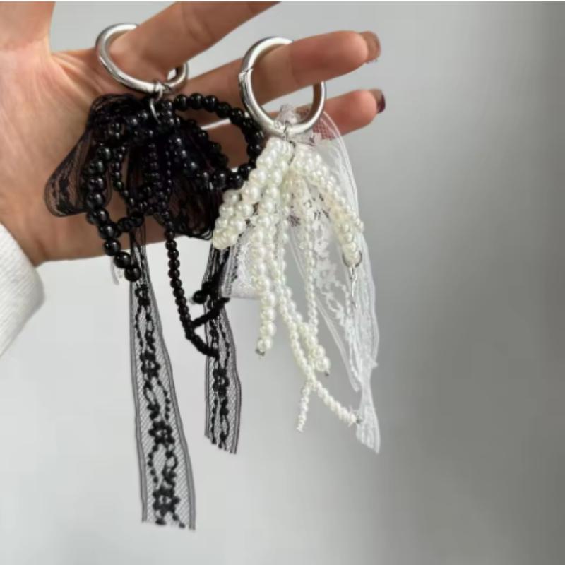 Imitation Pearls Lace Bowknot Keychain Sweet Beaded Pendant Keyring for Women Handbag and Backpack Key Chain Exquisite Ornament
