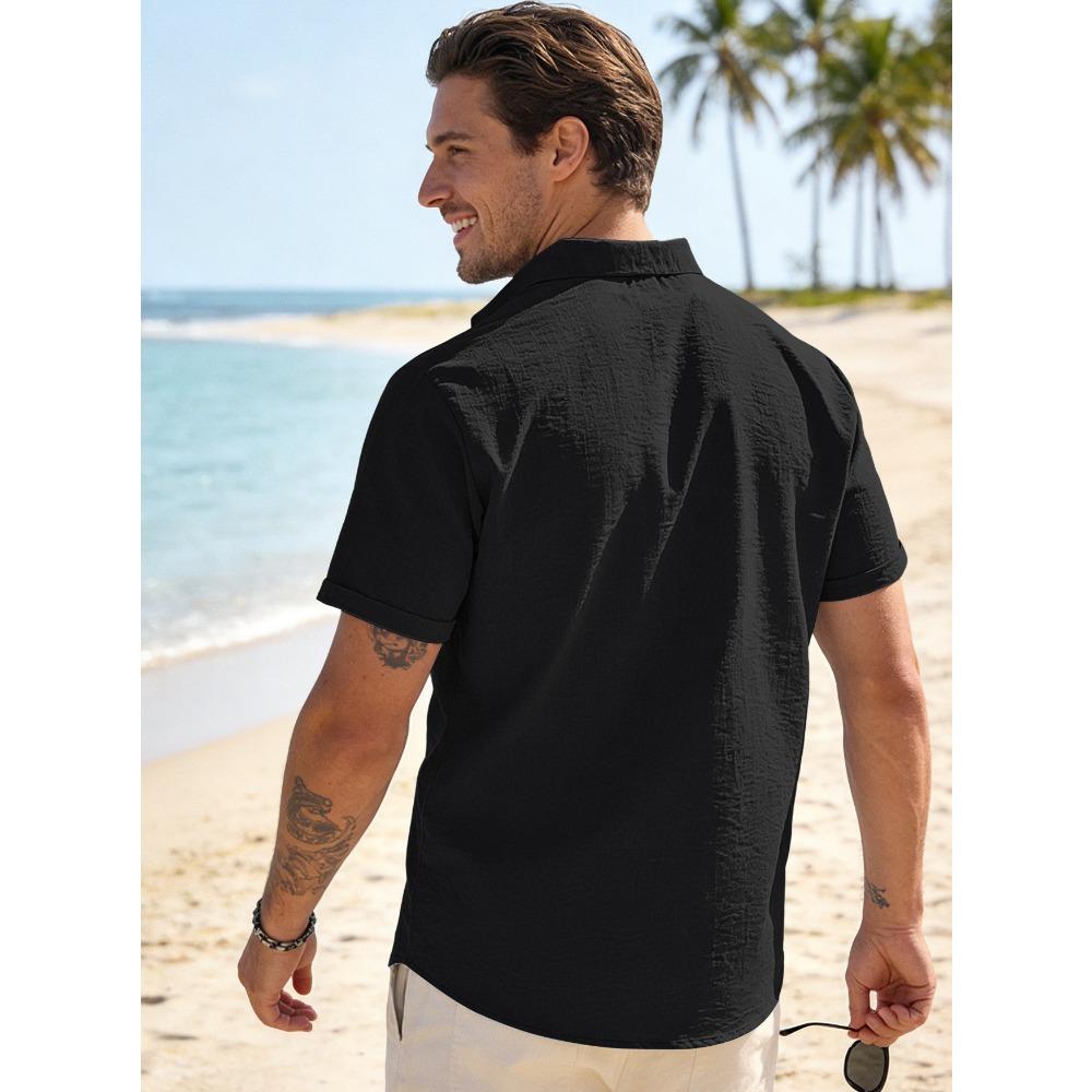 Summer Men's Solid-Colour Button-Down Casual Short-Sleeved Shirt Trendy Beach Holiday T-Shirt
