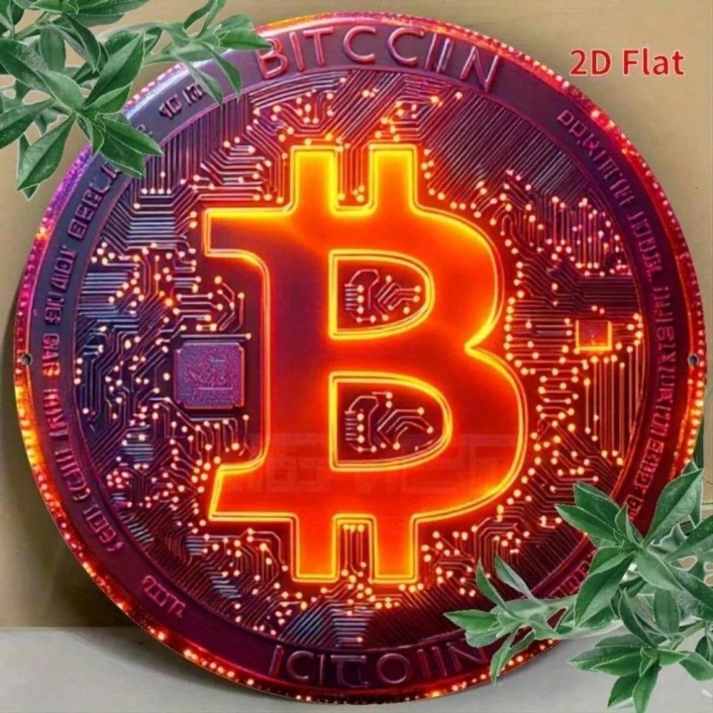 1PC Bitcoin Crypto Metal Wall Art Glitter Red Orange Sign Home Office Mining Decor