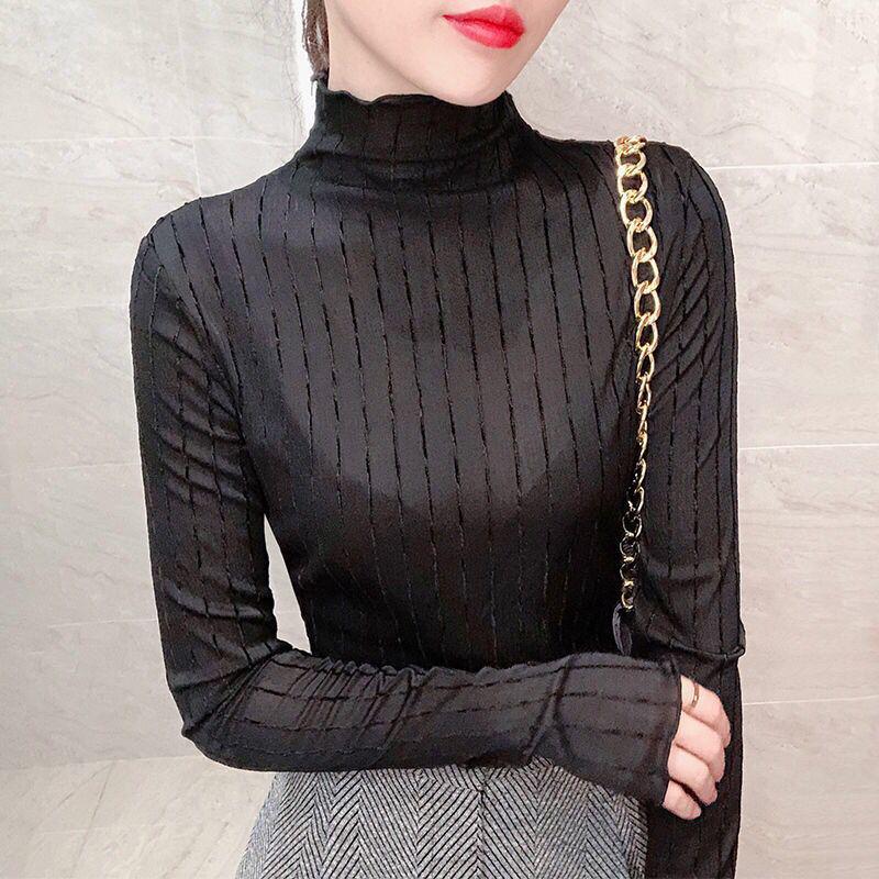 Women's High Neck Ruffle Silk Lurex Long Sleeve Shirt - Elegant Striped Base Layer for Autumn/Winter