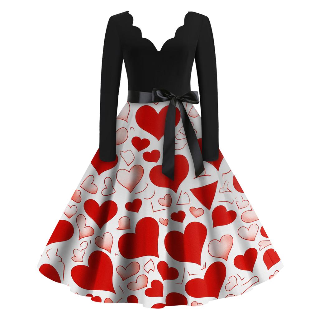 Damen Casual Mode Valentinstag Bedrucktes V-Ausschnitt Retro Langarmkleid
