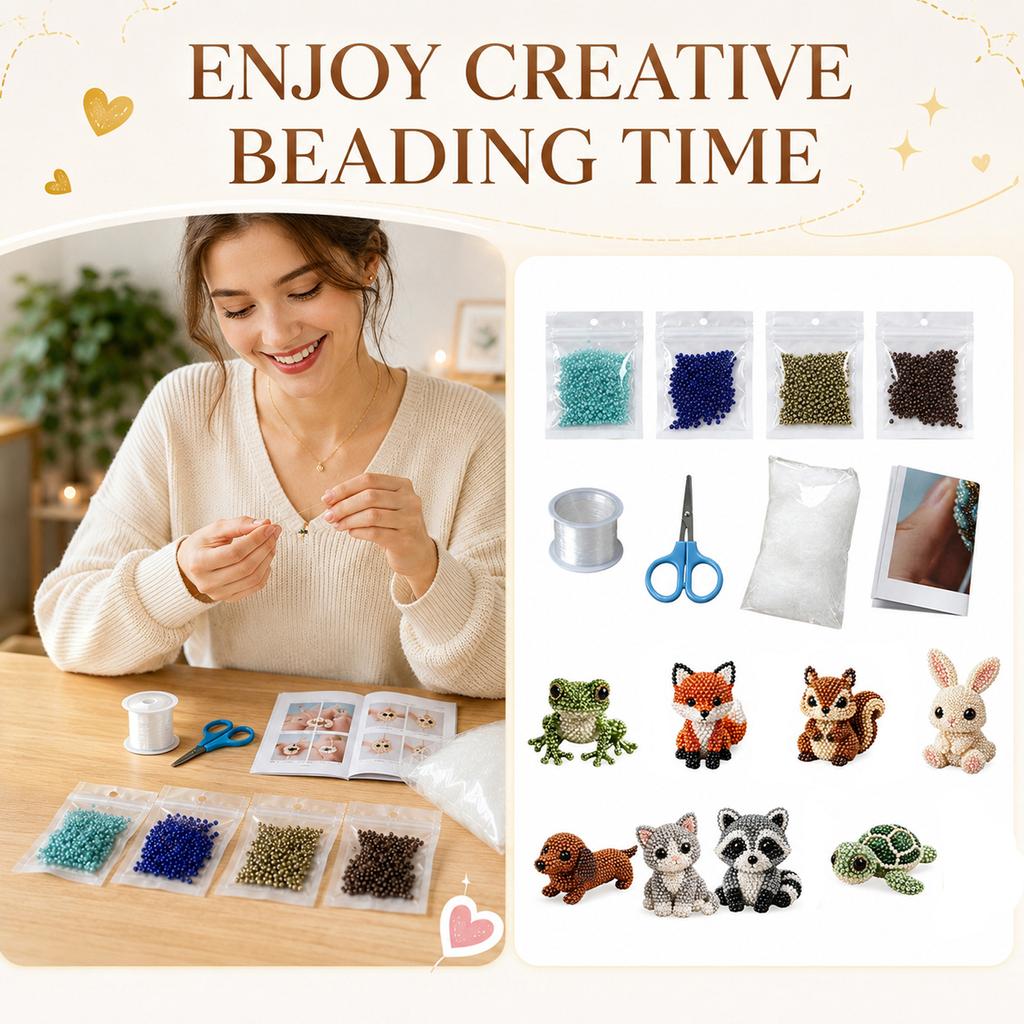 DIY Tier-Perlen Bastelset mit verschiedenen Perlen, Anleitung, Schere, Faden und Füllmaterial für handgefertigten Perlen-Schmuck und Kunstprojekte