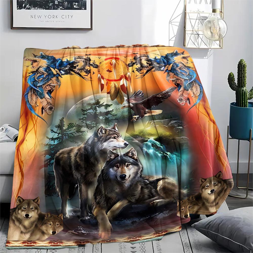 1Pc Indian Wolf Print Flannel Blanket, High quality Comfortable for All Seasons, Home Decor, Warmth and Comfort, Perfect for Christmas Gifts