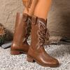 Fashion New retro high-top laced western cowboy boots for women, versatile for export, thick-heeled laced embroidered knight boots