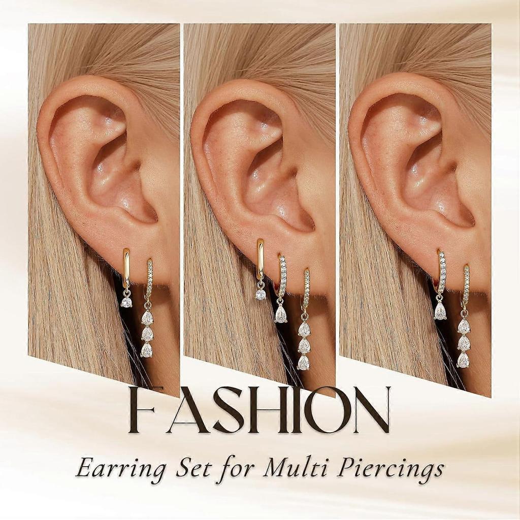 Gold Dangle Earrings Set for Women – 14k Plated Huggie & Cartilage Stacking Earrings, Compatible with Multiple Piercings, Gift for Mom, Birthday